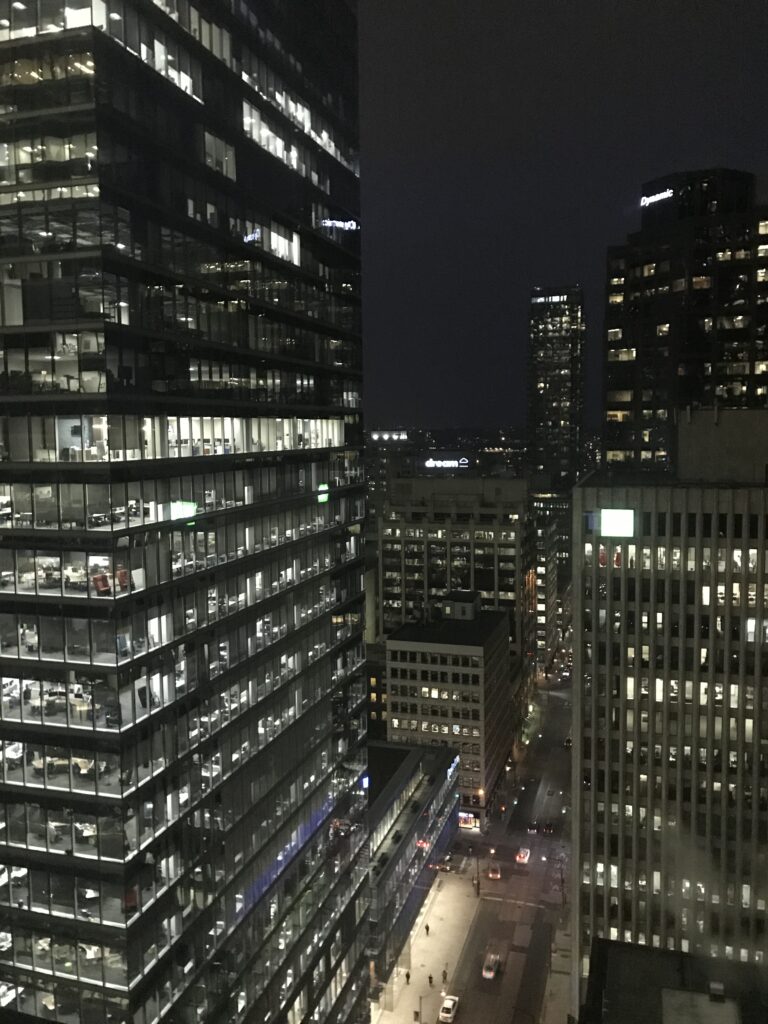 Night view from the office of a Senior Data Analytics Expert in Canada